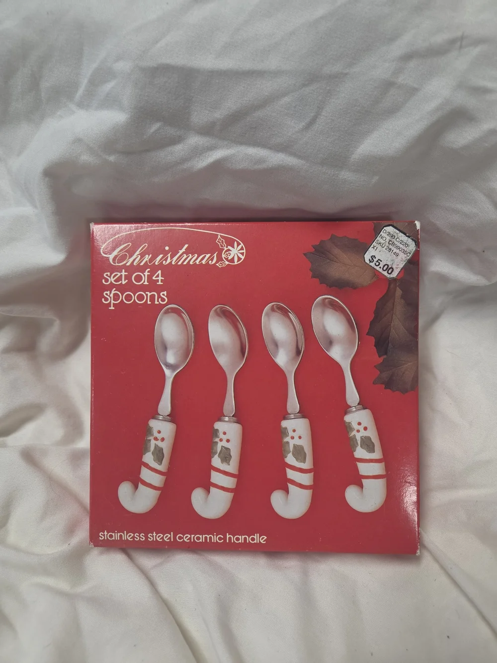 Vintage Christmas Ceramic-Handled Candy Cane Spoons - Red/White - Set of 4